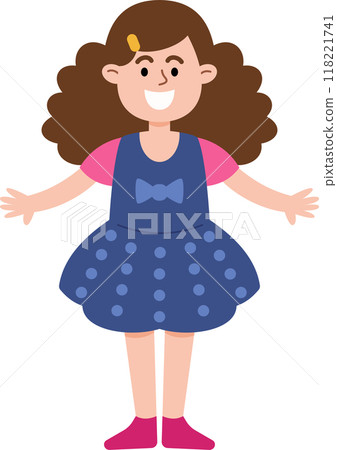 A girl with curly hair is smiling and wearing a blue dress. She is standing and looking at the camera A girl with curly hair is smiling and wearing a blue dress. She is standing and looking at the camera 118221741