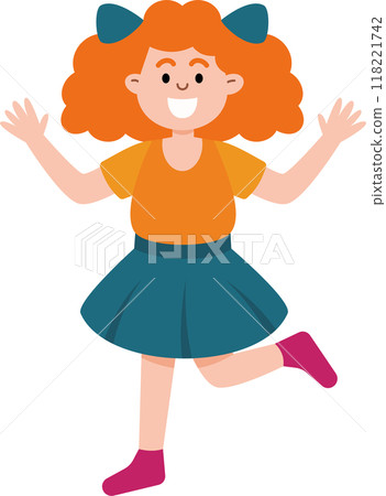 A girl with curly red hair is jumping up and down with her hands in the air A girl with curly red hair is jumping up and down with her hands in the air 118221742