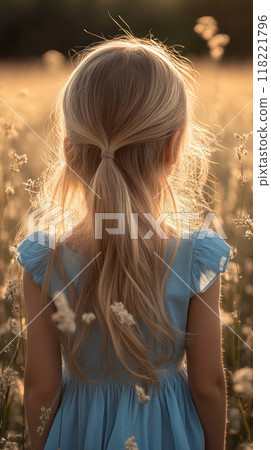 Happy smiling girl in a summer flowers field, natural style by shooting during the golden hour. 118221796