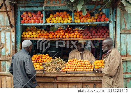 African stall with exotic tropical fresh fruits, sellers Africans smiling friendly. African stall with exotic tropical fresh fruits, sellers Africans smiling friendly. 118221845