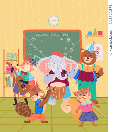 Animal band vector illustration. The zoo becomes lively celebration music and wildlife, led by cheerful animal band Join festivities as wildlife orchestra performs. Welcome to our family 118221871