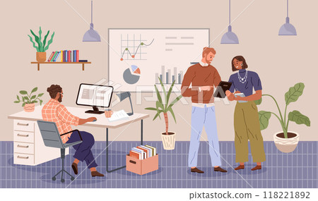 Business people work at office, marketing team analyze graph and chart. Data analytics, business communication, marketing research, diagram for optimization, big data and information concept Business people work at office, marketing team analyze graph and chart. Data analytics, business communication, marketing research, diagram for optimization, big data and information concept 118221892