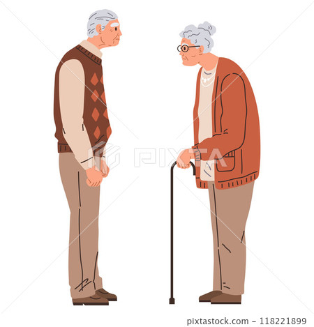 Old man and woman talking flat vector illustration. An elderly person with glasses and walking cane isolated on white background. Grandfather and grandmother walks with walking stick together outdoors 118221899
