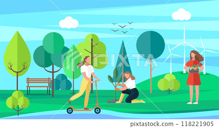 Active walks outdoors. Girl riding kick scooter in park or lawn, gardener takes care of plant. Child on walk actively spends time outdoor. Healthy lifestyle and family walks summer sunny weather 118221905