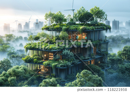 City of the future, wind turbines with green ecological gardens and solar panels. 118221938