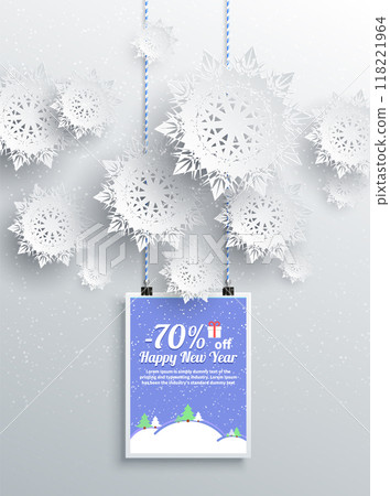A festive New Year sale advertisement with 70 percent discount offer. White snowflakes hang against a snowy background with a blue, snowy landscape card. Ideal for holiday promotions, winter sales A festive New Year sale advertisement with 70 percent discount offer. White snowflakes hang against a snowy background with a blue, snowy landscape card. Ideal for holiday promotions, winter sales 118221964