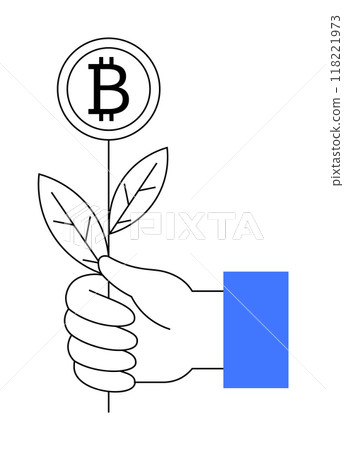 Hand holding a stem with leaves and a Bitcoin symbol flower. Ideal for cryptocurrency, fintech, investment, blockchain, and digital commerce themes. Simple design with black and blue colors. 118221973