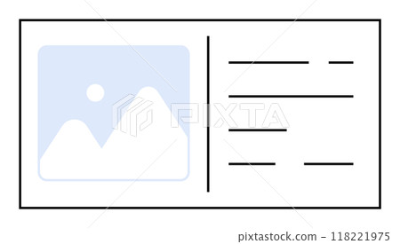 A simple business card template featuring a light-blue image placeholder with mountains and sun, accompanied by three lines of text on the right side, all outlined in black against a white background. 118221975