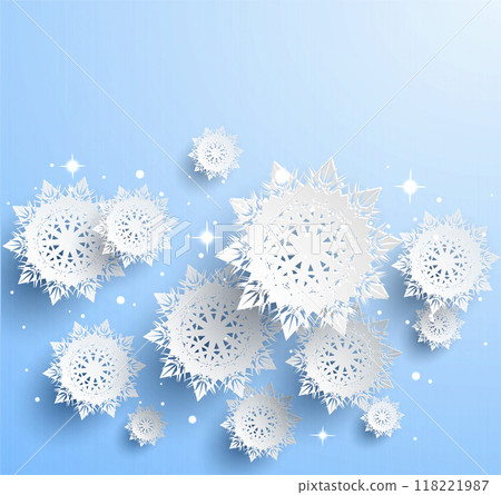 White snowflakes with intricate designs float against a light blue background, accented with sparkling stars and bokeh lights. Ideal for winter, holiday, Christmas, New Year, and seasonal designs 118221987