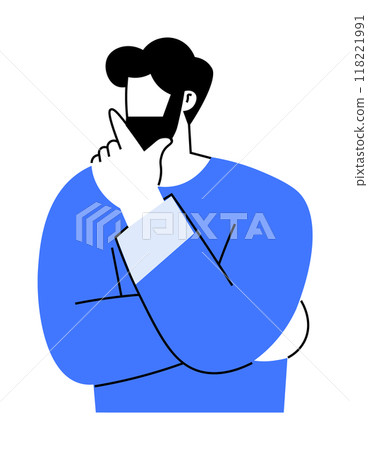 A person is depicted with a hand on their chin, appearing to be in deep thought. The individual is wearing a blue sweater, and the artwork uses minimalistic design with black, white, and blue colors. 118221991