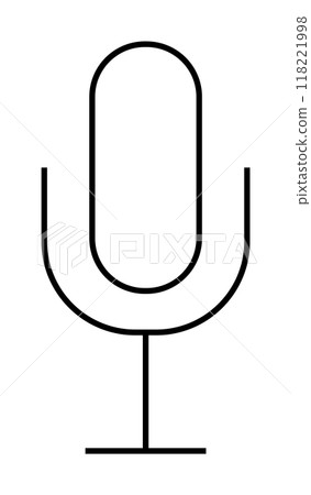 A black, simplified outline of a classic microphone on a white background. Ideal for podcasting, recording, broadcasting, voiceovers, and sound engineering related themes. 118221998