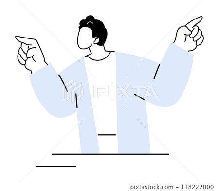 A person, depicted without facial features, wearing a light blue jacket gestures with both hands, pointing upwards. The illustration is simple and minimalistic with black, white, and light blue colors 118222000