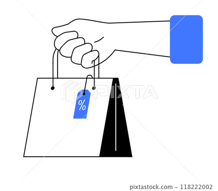 A hand holding a shopping bag with a percentage discount tag. Ideal for shopping, sales, retail promotions, marketing, e-commerce. 118222002