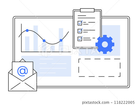 Email symbol, graph with line and bar charts, checklist on clipboard, and settings gear on workspace screen. Ideal for data management, email marketing, analytics, productivity, and software settings 118222005
