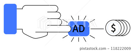 This image depicts a hand pressing a blue ad button, leading to stacked coins. Ideal for advertising, marketing, revenue, monetization, and online business themes. 118222009