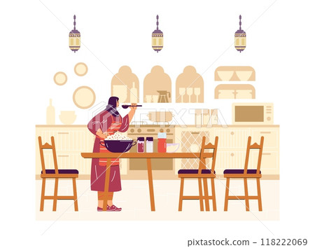An oriental woman is preparing a festive pilaf in the kitchen. An oriental woman is preparing a festive pilaf in the kitchen. 118222069