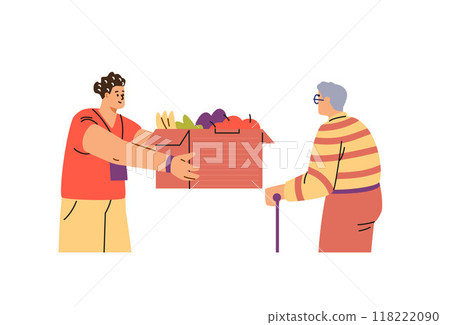 Vector illustration of a food exchange showing a volunteer sharing food with an old man 118222090
