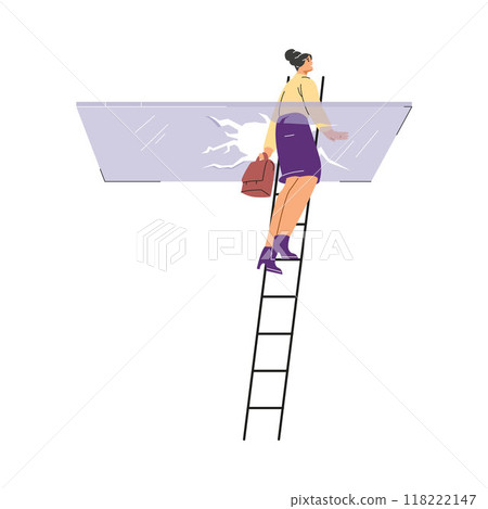 A vector illustration depicting a woman standing on a staircase and destroying a glass barrier A vector illustration depicting a woman standing on a staircase and destroying a glass barrier 118222147