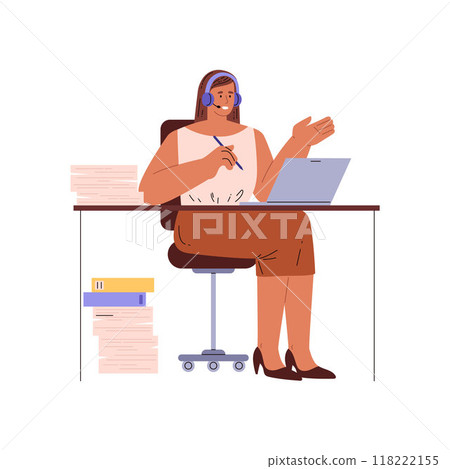 Vector illustration with a secretary working at a desk with a laptop and headset Vector illustration with a secretary working at a desk with a laptop and headset 118222155