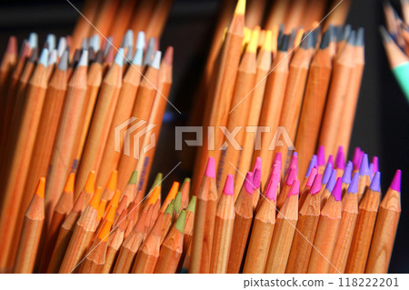 Colored pencils for drawing. Stationery. School supplies, stationery accessories. Colorful stationery. Stationery store. Goods for office and study. 118222201