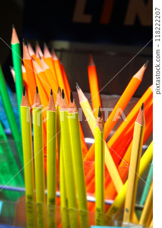 Colored pencils for drawing. Stationery. School supplies, stationery accessories. Colorful stationery. Stationery store. Goods for office and study. Colored pencils for drawing. Stationery. School supplies, stationery accessories. Colorful stationery. Stationery store. Goods for office and study. 118222207