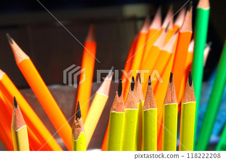 Colored pencils for drawing. Stationery. School supplies, stationery accessories. Colorful stationery. Stationery store. Goods for office and study. Colored pencils for drawing. Stationery. School supplies, stationery accessories. Colorful stationery. Stationery store. Goods for office and study. 118222208