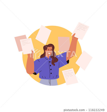 Young business woman among flying papers, documents, vector secretary, office worker suffers from overload paperwork 118222249