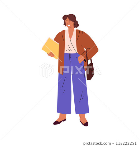 Happy young business woman with folder of documents, vector cartoon secretary, office worker, teacher, manager character 118222251
