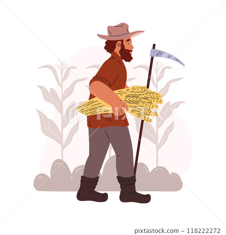 A farmer is walking with a sheaf of wheat, and a scythe. 118222272