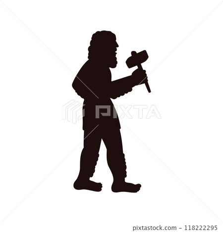 Stone age primitive man with axe or hammer black silhouette, vector cartoon ancient tribal warrior or hunter, caveman 118222295