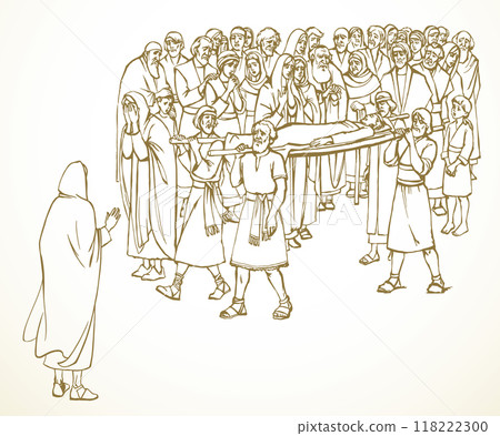 Vector drawing. Funeral of the son of a widow Vector drawing. Funeral of the son of a widow 118222300