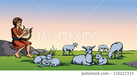 Vector drawing. Guy playing the harp at the field Vector drawing. Guy playing the harp at the field 118222315