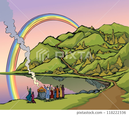 Vector drawing. Noah Offers a Sacrifice to God Vector drawing. Noah Offers a Sacrifice to God 118222336