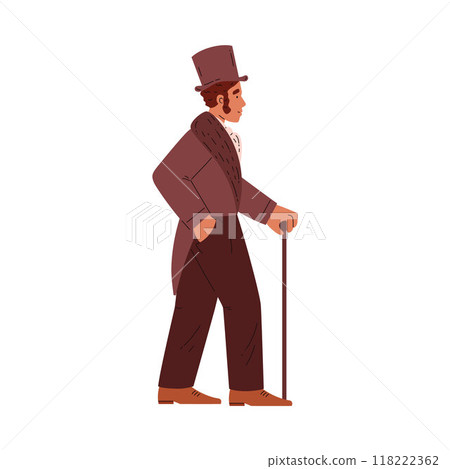 A gentleman in a tailcoat and top hat holds a cane in one hand. A gentleman in a tailcoat and top hat holds a cane in one hand. 118222362