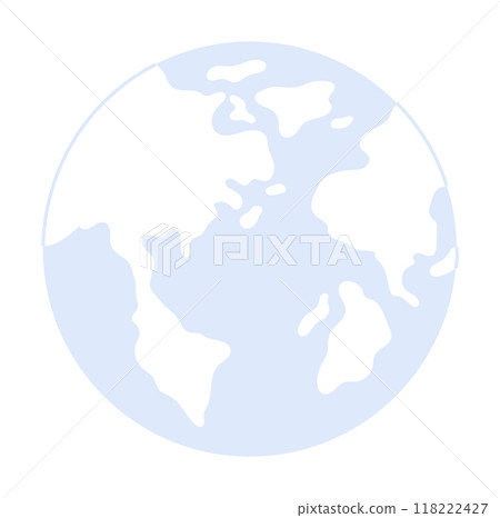 The image shows a minimalist blue and white representation of Earth, highlighting the continents and the ocean. Themes include Earth, geography, environment, simplicity, and global representation. 118222427