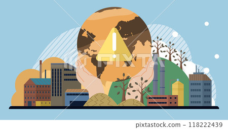 Industrial buildings and factories juxtaposed with bare trees and a globe with an exclamation mark held by hands. Ideal for awareness campaigns on environmental issues, climate change, pollution 118222439