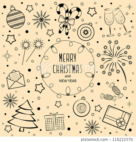 New Year card with contour images doodle illustration on beige background 118222570