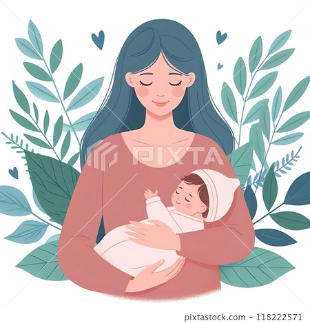 Mother holding newborn baby, flat style illustration, white background, leaves  118222571