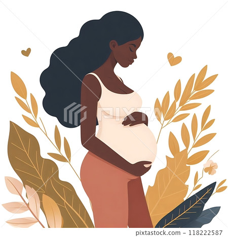 Pregnant black woman with hands on her belly, flat style illustration, white background  118222587