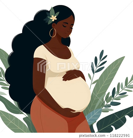 Pregnant black woman with hands on her belly, flat style illustration, white background  118222591