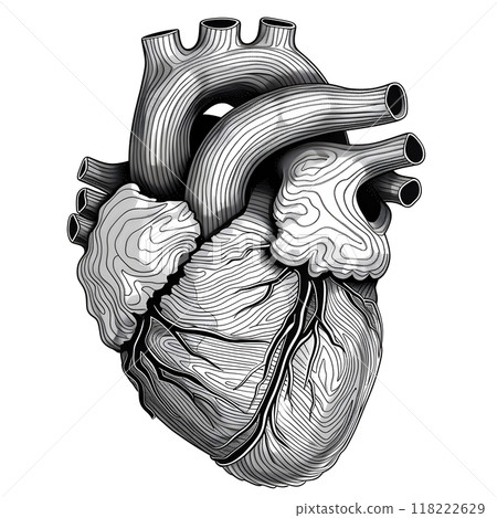 An anatomical representation of a human heart highlights its complex structures and vessels, showcasing detailed linework and design for educational purposes. 118222629