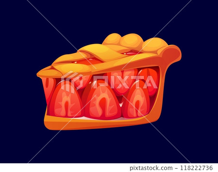 Cartoon slice of strawberry pie, confectionery and sweets pastry features a flaky, golden lattice crust filled with fresh, juicy strawberries mixed with a sweet glaze. Vector refreshing summer dessert 118222736
