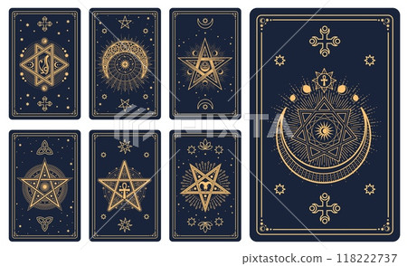 Magic occult Tarot cards with esoteric signs and mystic symbols in vector golden lines. Tarot cards decks or reverse design with sun, moon and star, pentacle with Ankh cross and celestial symbols 118222737