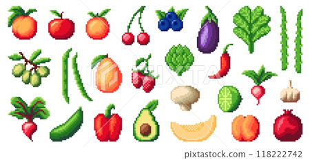 8bit pixel art vegetables and fruits, game asset. Apple, cherries, eggplants, spinach and blueberries, asparagus, grapes or green beans. Mango, strawberries, artichoke and red chili or bell peppers 118222742