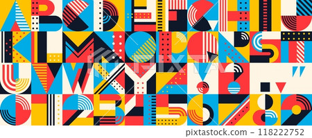Abstract modern geometric font, color letters and numbers typeface of english alphabet. Vector typography abc characters and symbols type set with rainbow color geometric shapes, lines and dots 118222752