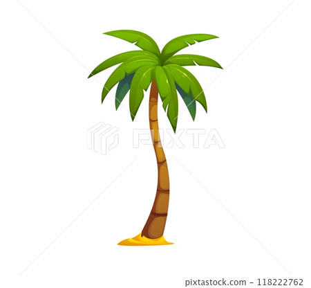 Cartoon jungle coconut and banana palm tree with a tall, curved trunk and a cluster of green fronds, rooted in a small patch of yellow sand. Isolated vector tropical plant, game asset, exotic flora Cartoon jungle coconut and banana palm tree with a tall, curved trunk and a cluster of green fronds, rooted in a small patch of yellow sand. Isolated vector tropical plant, game asset, exotic flora 118222762