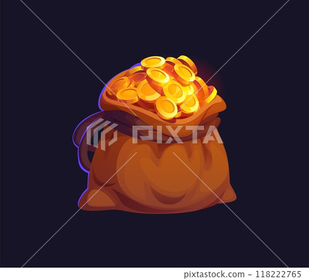 Bag with golden coins. Cartoon vector brown burlap sack, tied with a rope and overflowing with shiny golden coins emit a soft glow from, suggesting wealth and treasure, richness of the gold game asset 118222765