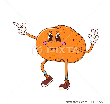 Cartoon retro groovy tangerine fruit character wearing sneakers, exudes retro funky vibe with a big, cheeky smile. Isolated vector ripe and cheerful tropical orange or mandarin citrus fruit personage 118222766