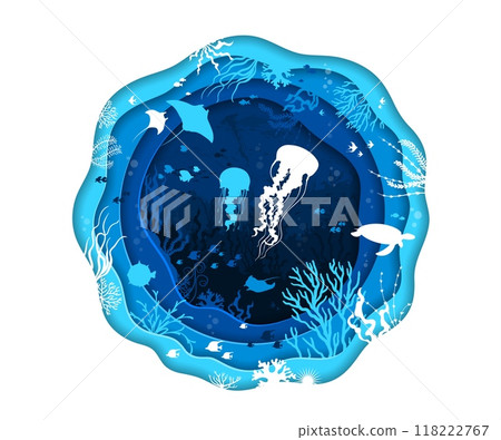 Paper cut sea underwater landscape with animal silhouettes. Manta ray, fish shoal, jellyfish and turtle in blue sea. 3d vector wavy papercut frame with enchanting scene of tranquility in ocean depths Paper cut sea underwater landscape with animal silhouettes. Manta ray, fish shoal, jellyfish and turtle in blue sea. 3d vector wavy papercut frame with enchanting scene of tranquility in ocean depths 118222767