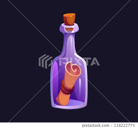 Cartoon bottle with treasure map. Isolated vector transparent glass flask, sealed tightly with a cork, encases a rolled parchment with message. Sea adventure pirate game asset, mysterious glass bottle Cartoon bottle with treasure map. Isolated vector transparent glass flask, sealed tightly with a cork, encases a rolled parchment with message. Sea adventure pirate game asset, mysterious glass bottle 118222773